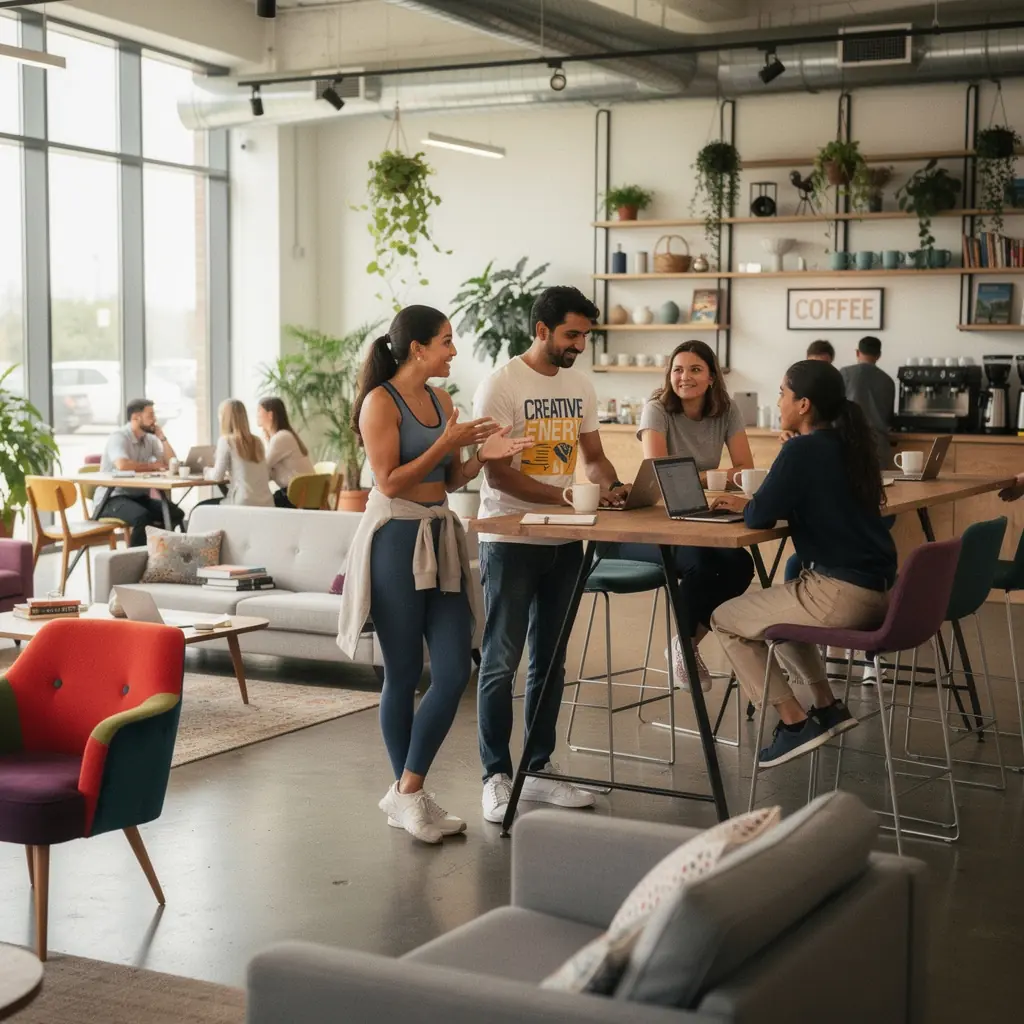 Эстетически оформленный холл с яркими акцентами и информационными стендами.