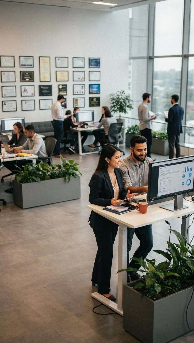 Гостеприимный вход в офис с широкими проходами и ясной навигацией.