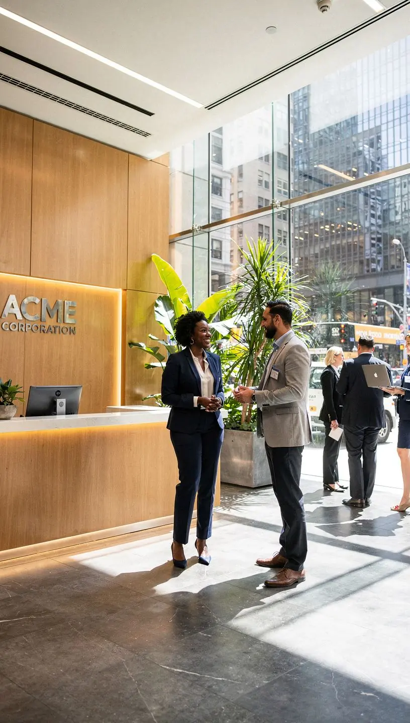 Минималистичный офис с открытой планировкой и разделенными рабочими зонами.