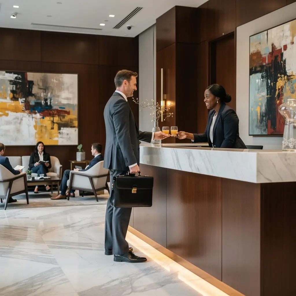 Современный офисный приемный зал с комфортной мебелью и ярким освещением.